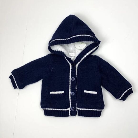 BEANSTORK Other - NWT BEANSTORK Baby HOODED CARDIGAN Jacket Blue White Knitted Fax Fur Lining 3M